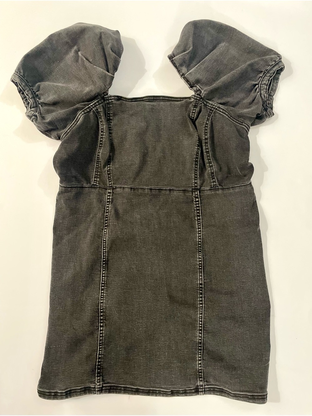 H&M Divided Black Washed Denim Square Neck Puff Sleeve Dress Size XL